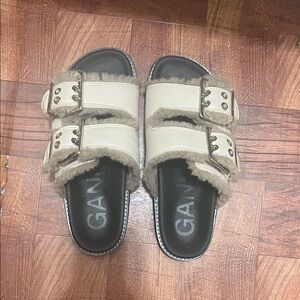 Ganni Women's furry buckle slides